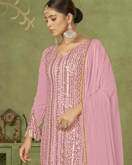 Pink Georgette Embroidered Palazzo Suit
