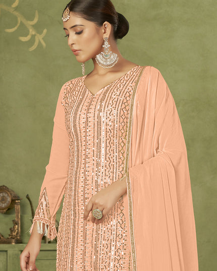 Peach Georgette Embroidered Palazzo Suit