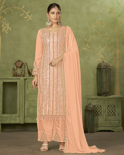 Peach Georgette Embroidered Palazzo Suit
