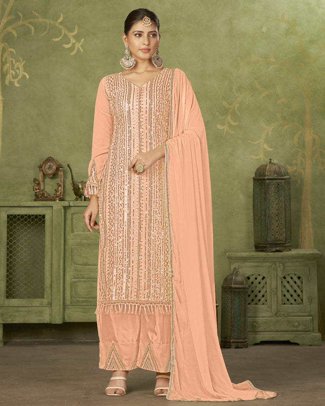 Peach Georgette Embroidered Palazzo Suit