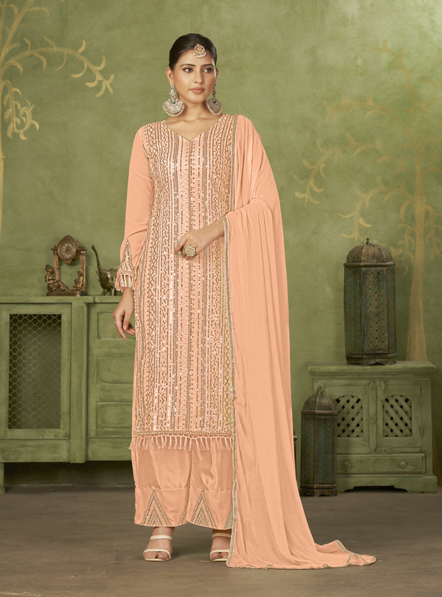 Peach Georgette Embroidered Palazzo Suit