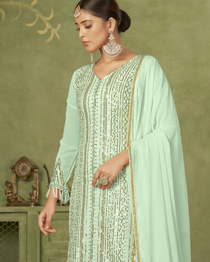 Sea Green Georgette Embroidered Palazzo Suit