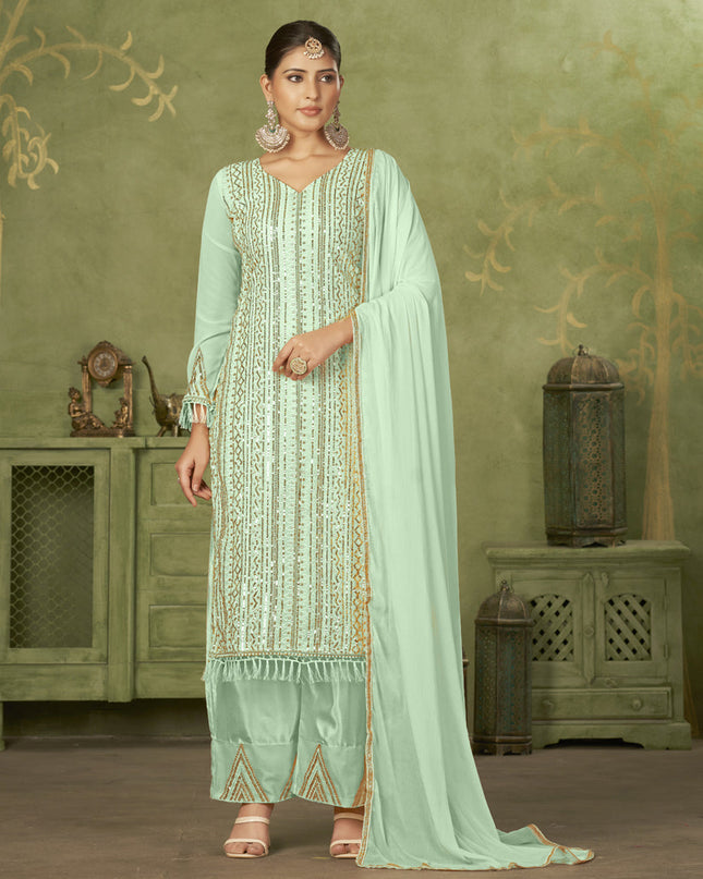 Sea Green Georgette Embroidered Palazzo Suit