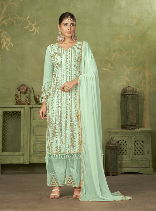 Sea Green Georgette Embroidered Palazzo Suit