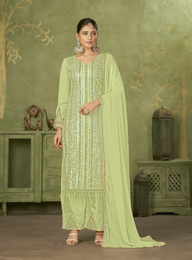Pista Green Georgette Embroidered Palazzo Suit