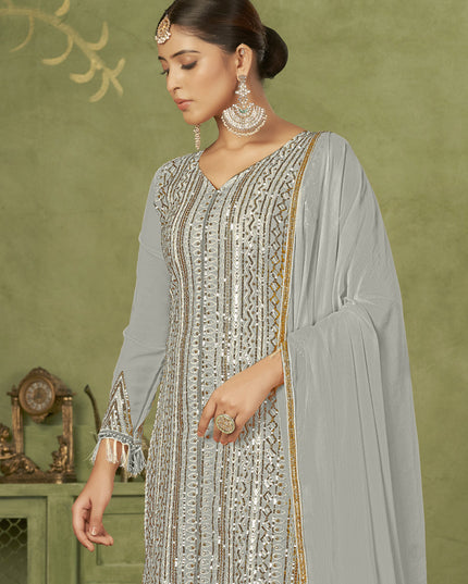 Grey Georgette Embroidered Palazzo Suit