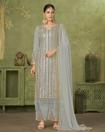 Grey Georgette Embroidered Palazzo Suit
