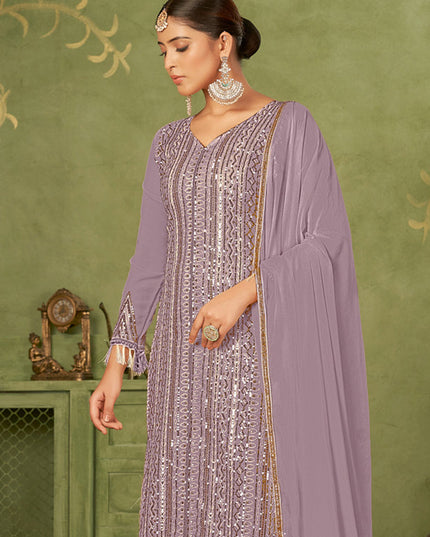 Purple Georgette Embroidered Palazzo Suit