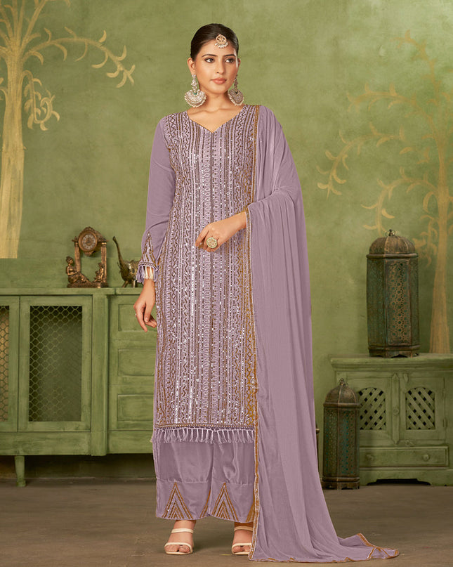 Purple Georgette Embroidered Palazzo Suit