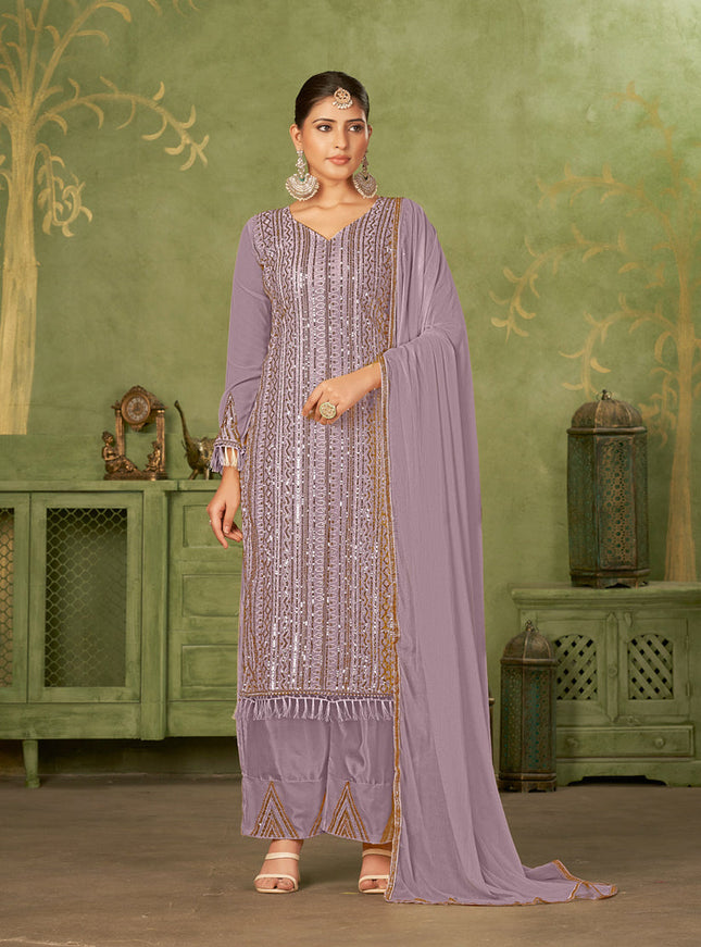 Purple Georgette Embroidered Palazzo Suit