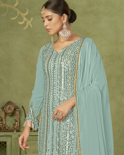 Sky Blue Georgette Embroidered Palazzo Suit