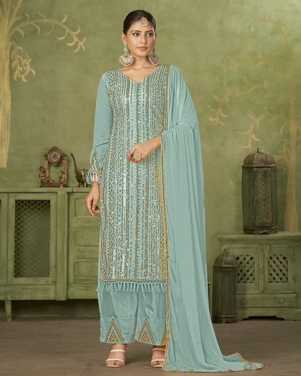 Sky Blue Georgette Embroidered Palazzo Suit