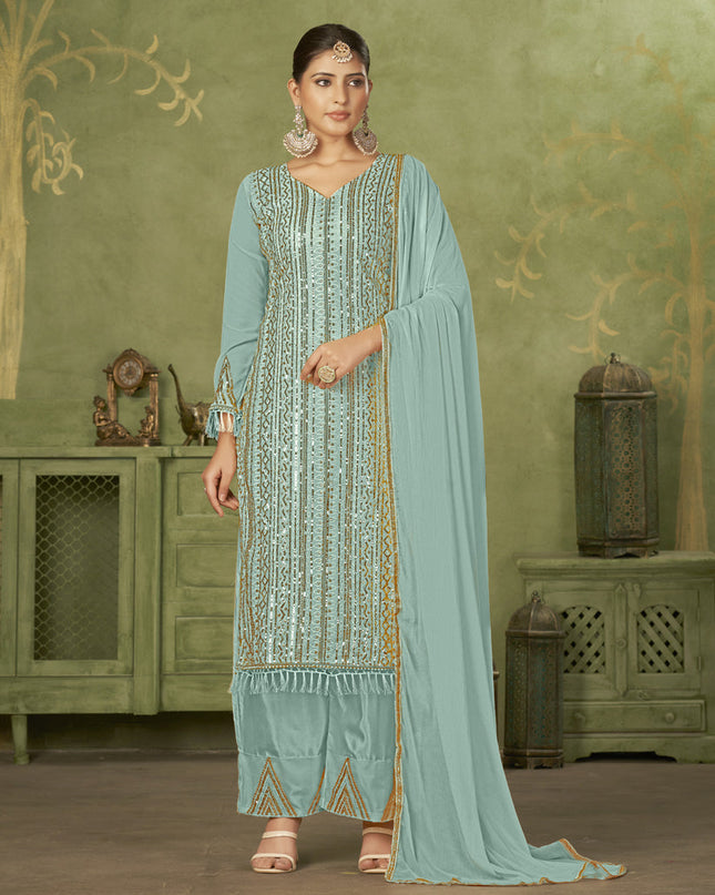 Sky Blue Georgette Embroidered Palazzo Suit