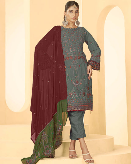 Grey Georgette Embroidered Salwar Kameez Suit