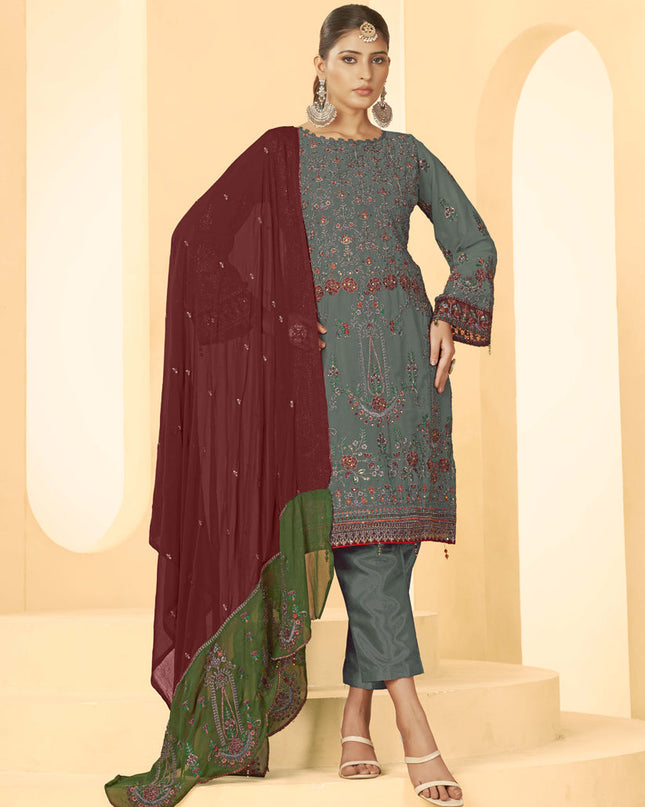 Grey Georgette Embroidered Salwar Kameez Suit