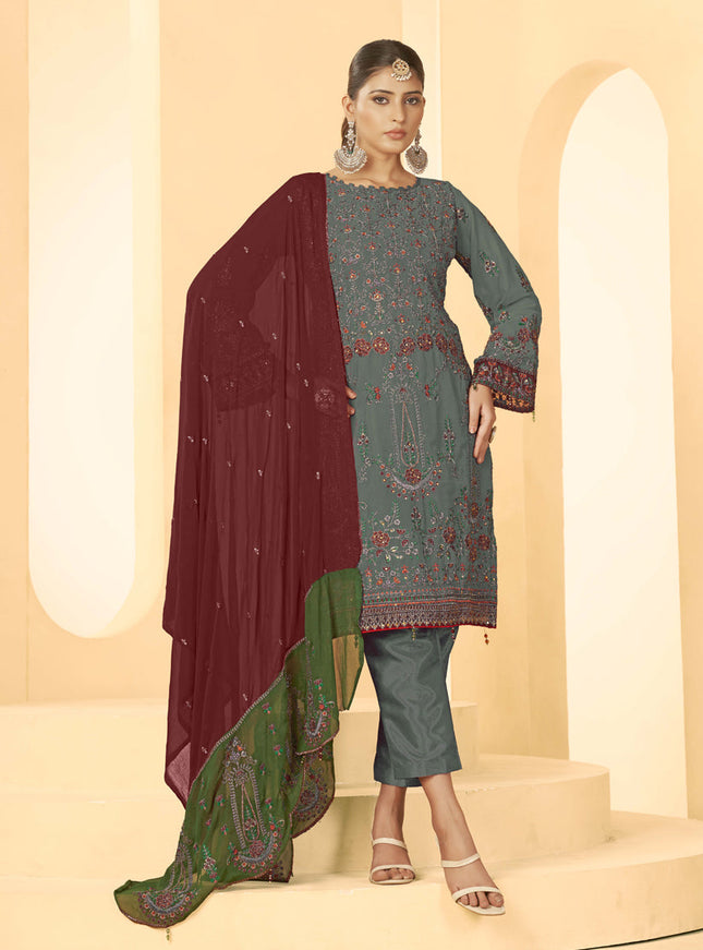 Grey Georgette Embroidered Salwar Kameez Suit