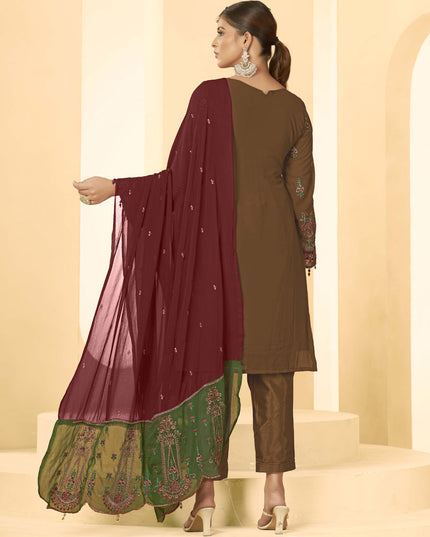 Brown Georgette Embroidered Salwar Kameez Suit