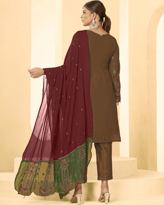 Brown Georgette Embroidered Salwar Kameez Suit