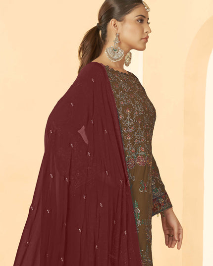 Brown Georgette Embroidered Salwar Kameez Suit