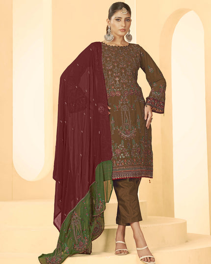 Brown Georgette Embroidered Salwar Kameez Suit