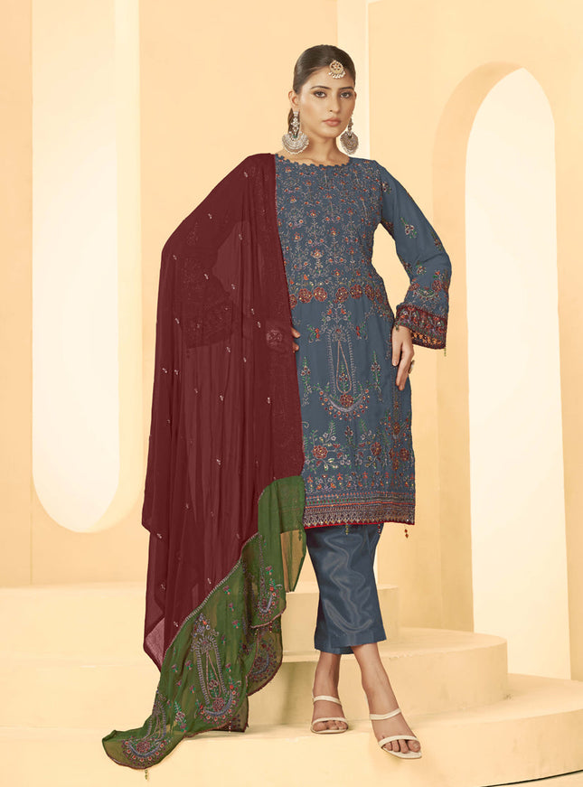 Blue Georgette Embroidered Salwar Kameez Suit