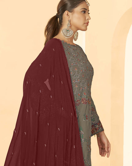 Brown Georgette Embroidered Salwar Kameez Suit