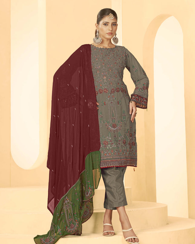 Brown Georgette Embroidered Salwar Kameez Suit