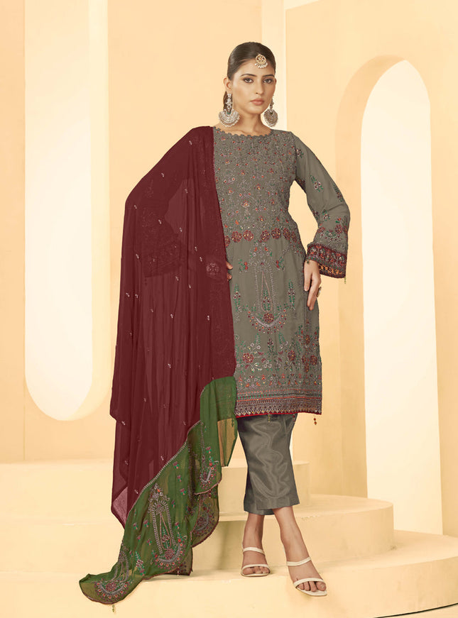Brown Georgette Embroidered Salwar Kameez Suit
