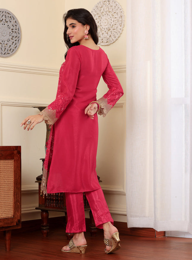 Magenta Chinon Silk Embroidered Pakistani Suits