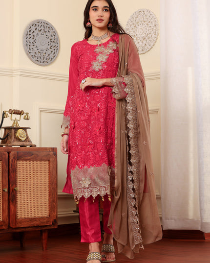 Magenta Chinon Silk Embroidered Pakistani Suits