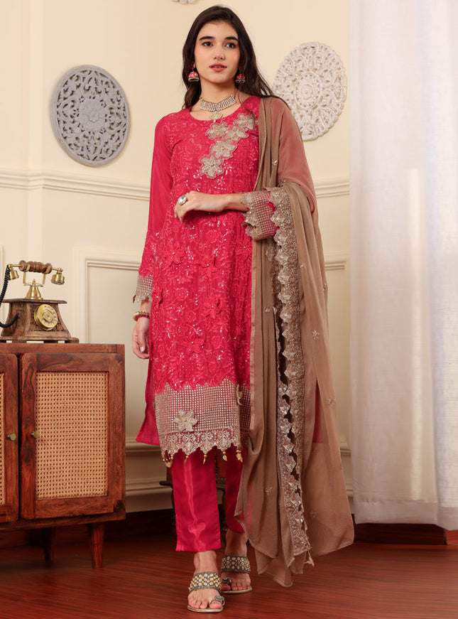 Magenta Chinon Silk Embroidered Pakistani Suits