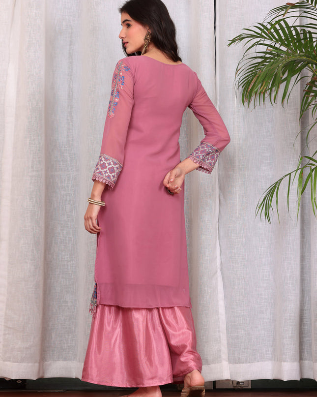 Pink Georgette Embroidered Palazzo Suit