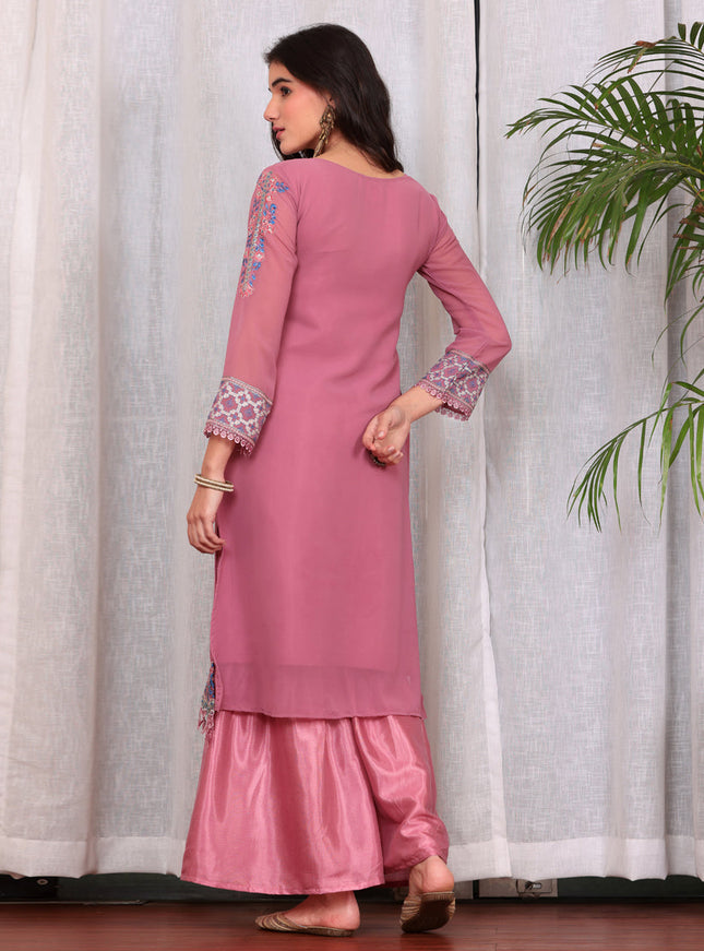 Pink Georgette Embroidered Palazzo Suit