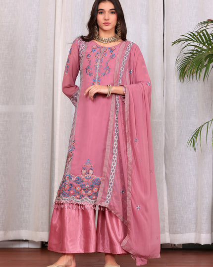 Pink Georgette Embroidered Palazzo Suit