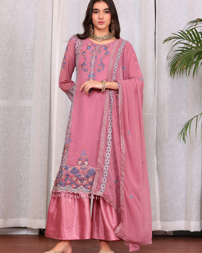 Pink Georgette Embroidered Palazzo Suit