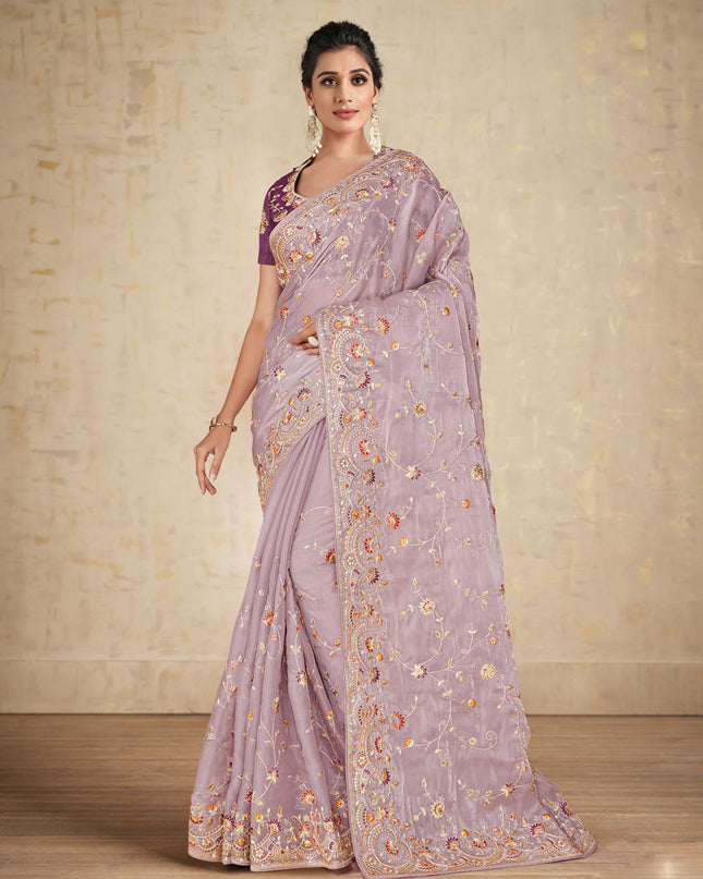 Mauve Heavy Embrodiered Designer Wedding Saree
