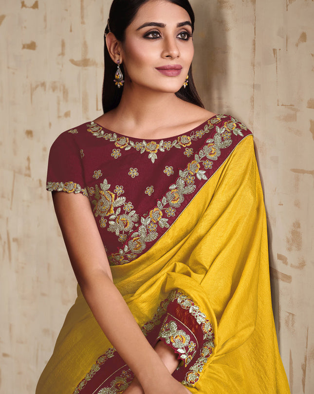 Golden Yellow Heavy Embrodiered Designer Wedding Saree
