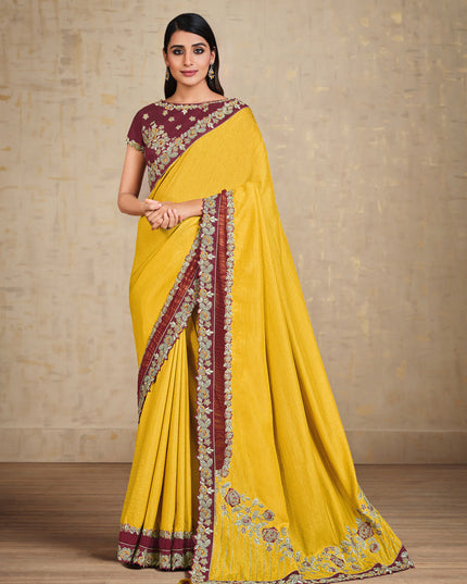 Golden Yellow Heavy Embrodiered Designer Wedding Saree