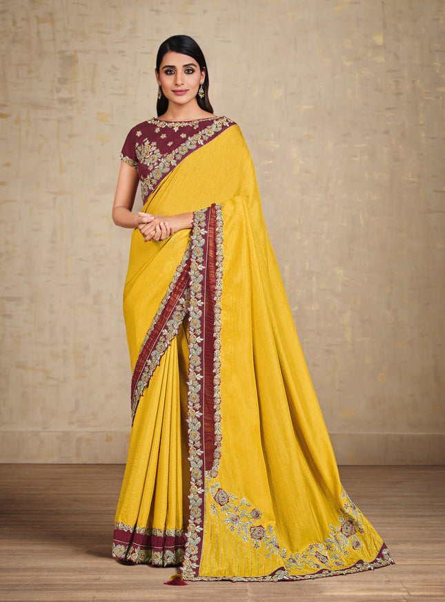 Golden Yellow Heavy Embrodiered Designer Wedding Saree