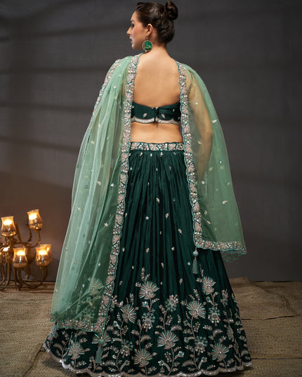 Pine Green Faux Chiffon Embroidered Designer Lehenga Choli