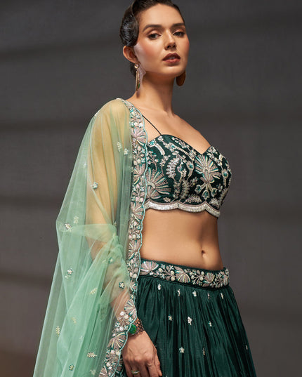 Pine Green Faux Chiffon Embroidered Designer Lehenga Choli