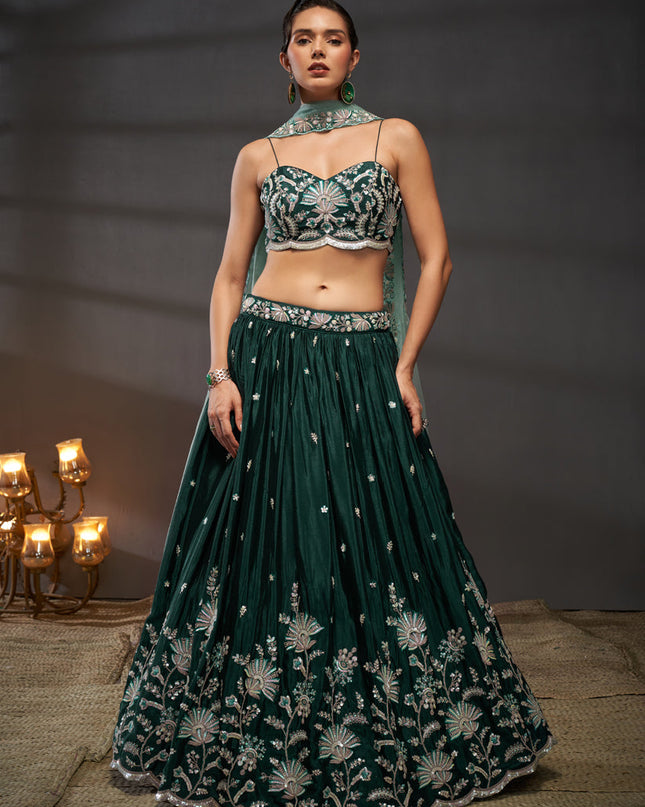 Pine Green Faux Chiffon Embroidered Designer Lehenga Choli