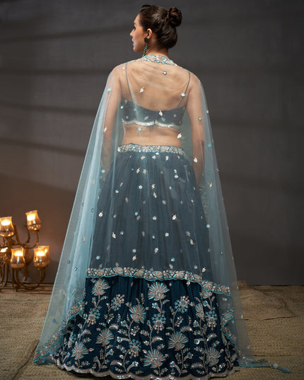 Teal Blue Faux Chiffon Embroidered Designer Lehenga Choli