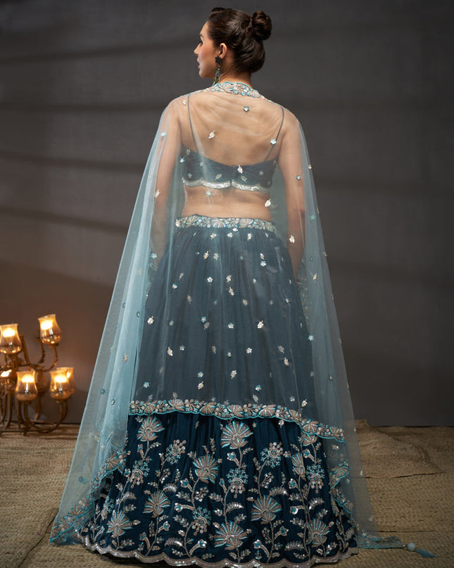 Teal Blue Faux Chiffon Embroidered Designer Lehenga Choli