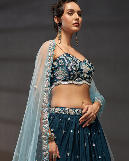 Teal Blue Faux Chiffon Embroidered Designer Lehenga Choli