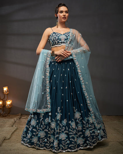 Teal Blue Faux Chiffon Embroidered Designer Lehenga Choli