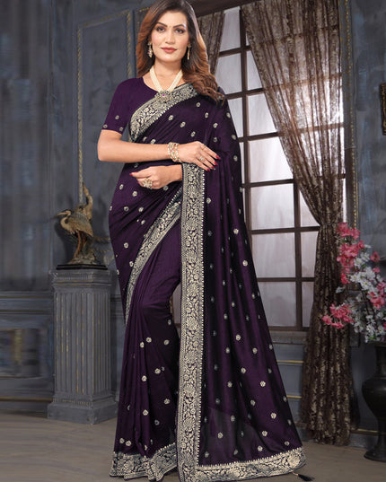 Eggplant Silk Georgette Embroidered Saree