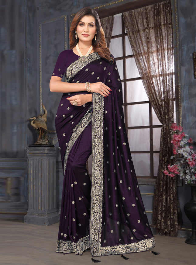 Eggplant Silk Georgette Embroidered Saree
