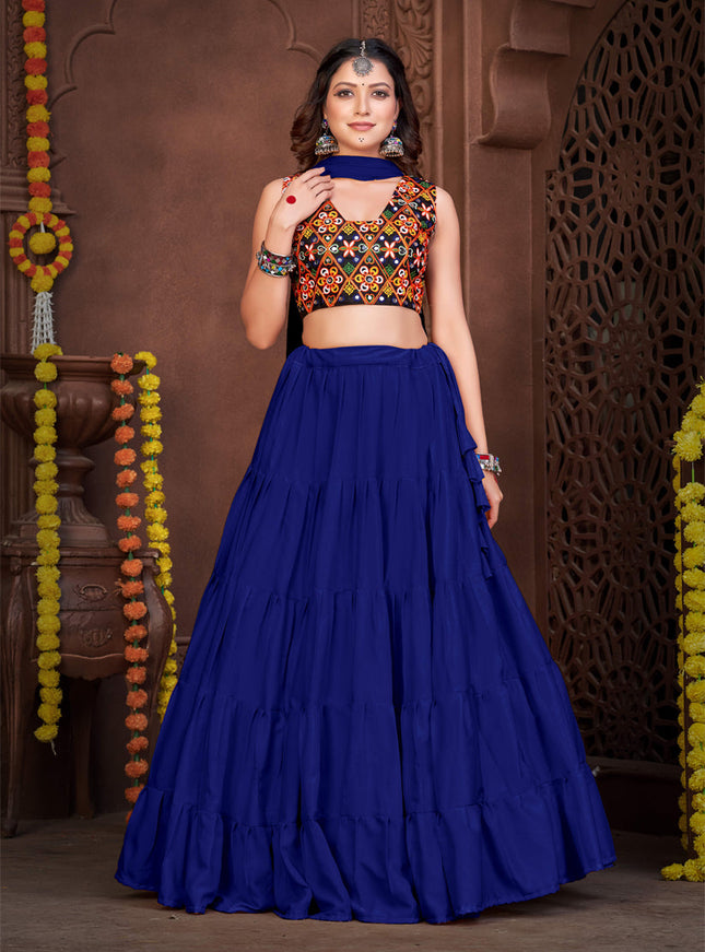 Indigo Blue French Crepe Gamthi Work Navratri Special Chaniya Choli