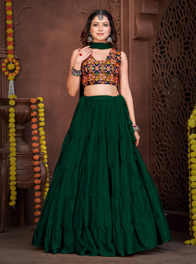 Bottle Green French Crepe Gamthi Work Navratri Special Chaniya Choli